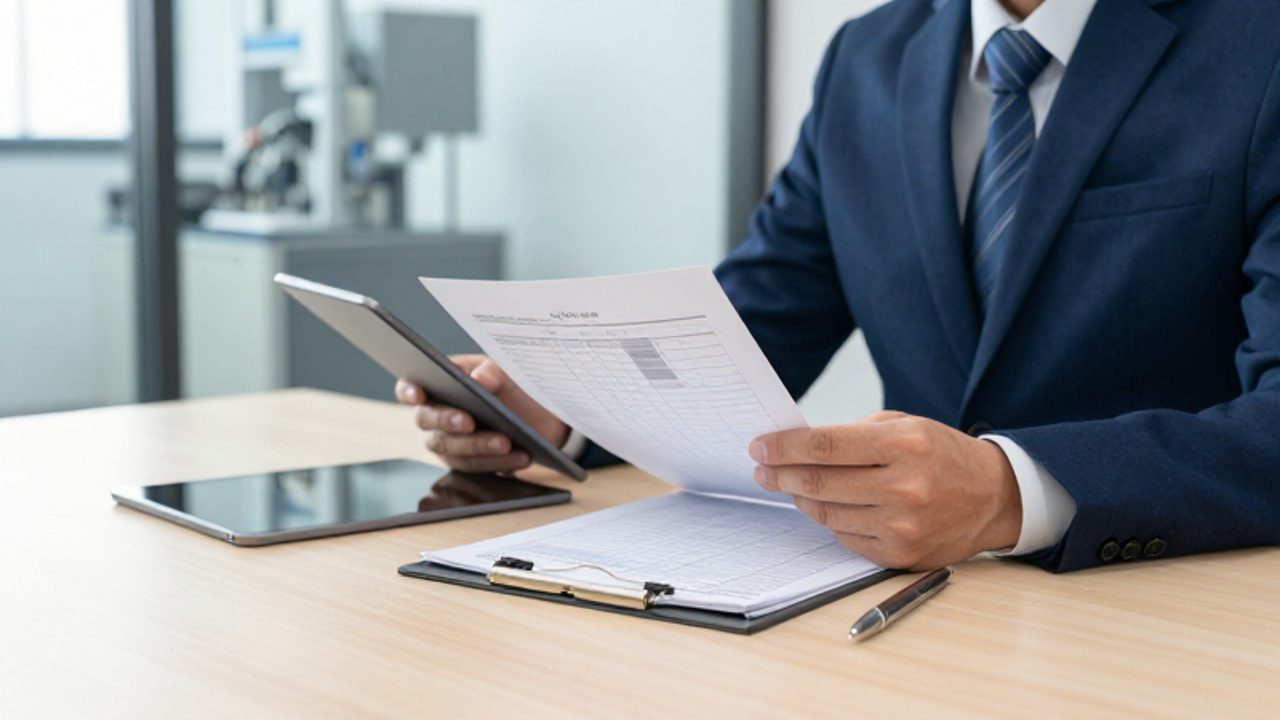 Un responsable de calidad revisa meticulosamente un informe técnico y una tableta en un despacho de oficina moderno con una planta de fabricación al fondo.