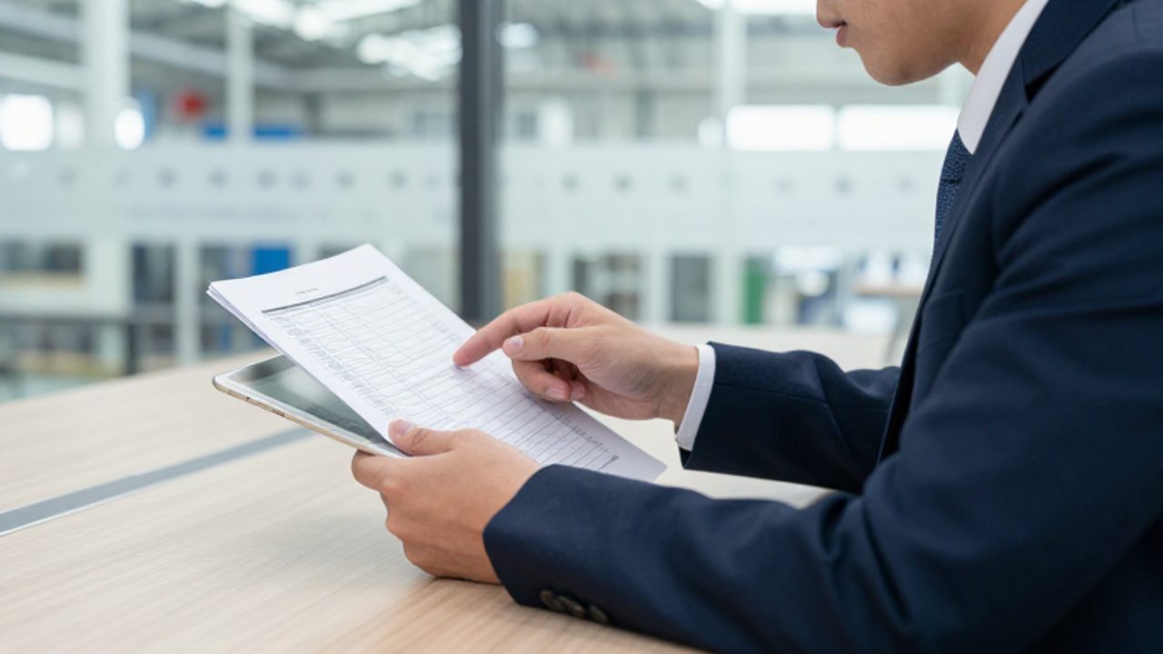 Auditor revisa documentos técnicos y una tableta digital en una oficina industrial moderna para verificar el cumplimiento de procesos.