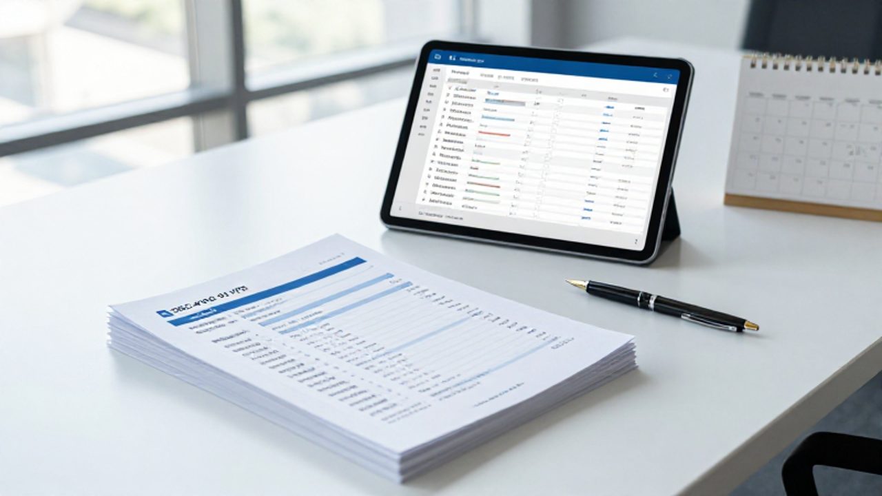 Tablet con una lista de archivos organizados por códigos alfanuméricos junto a documentos impresos y un bolígrafo sobre un escritorio de oficina.