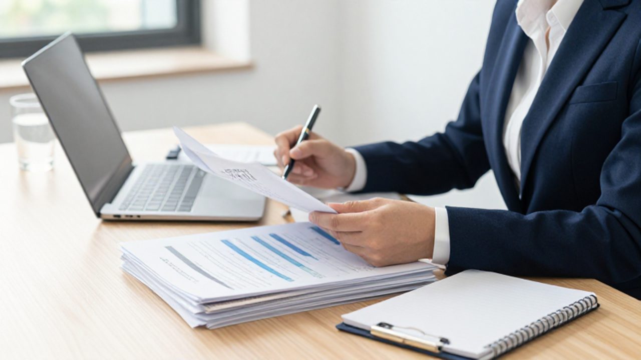 Responsable de calidad revisa minuciosamente documentos y manuales organizados sobre un escritorio en una oficina moderna.