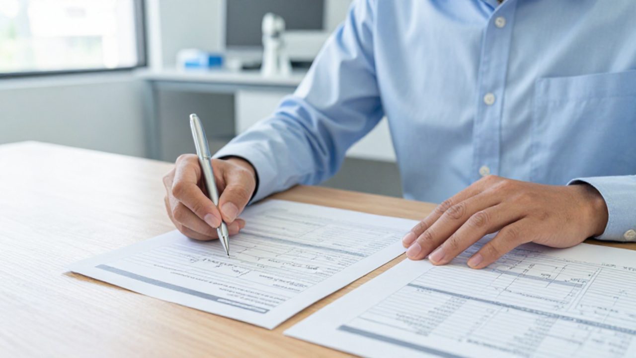 Un responsable de calidad revisa con atención diagramas de procesos y documentos técnicos en un escritorio para identificar posibles fallos en la gestión.