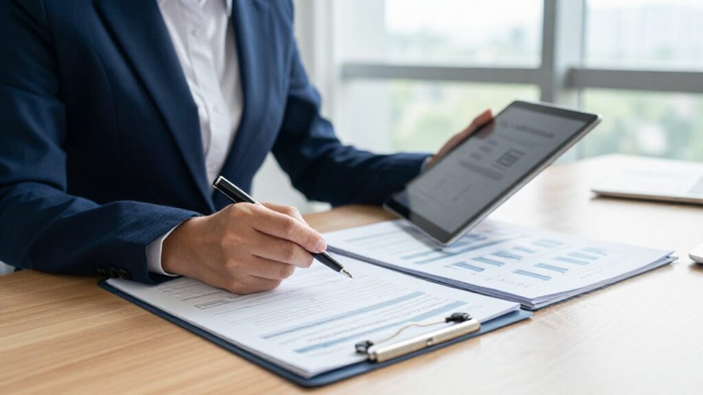 Un gestor de calidad revisa documentos técnicos y manuales de cumplimiento junto a una tableta en una oficina luminosa.
