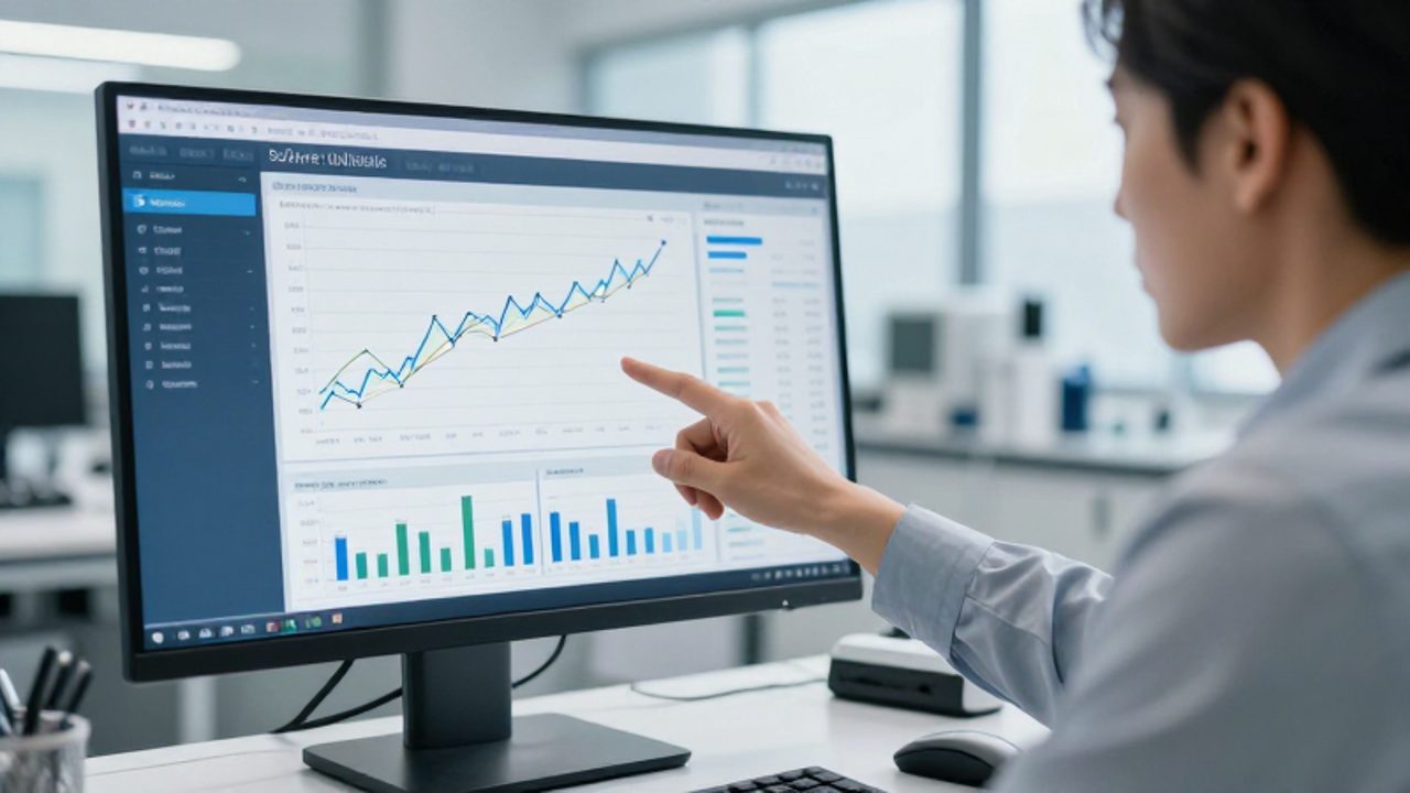 Especialista en control de calidad analiza gráficos de datos y diagnósticos técnicos en un monitor para validar el funcionamiento de un software.