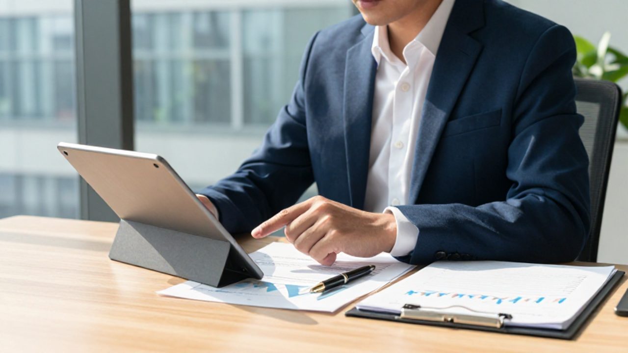 Analista de negocios revisa gráficos financieros con tendencias de crecimiento positivo en una oficina moderna y luminosa.