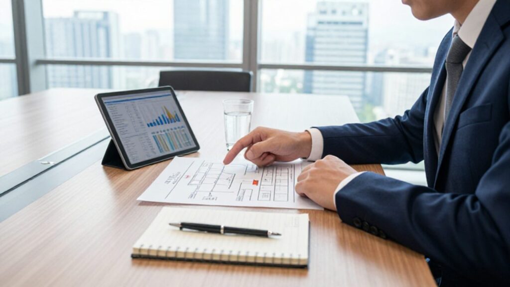 Consultor profesional analizando un diagrama de procesos y datos en una mesa de reuniones de una oficina moderna.