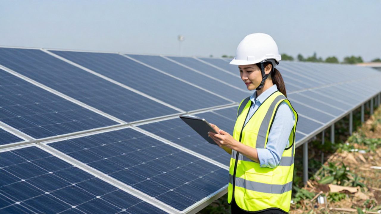 Una ingeniera con equipo de seguridad inspecciona paneles fotovoltaicos en un extenso parque solar utilizando una tableta digital.