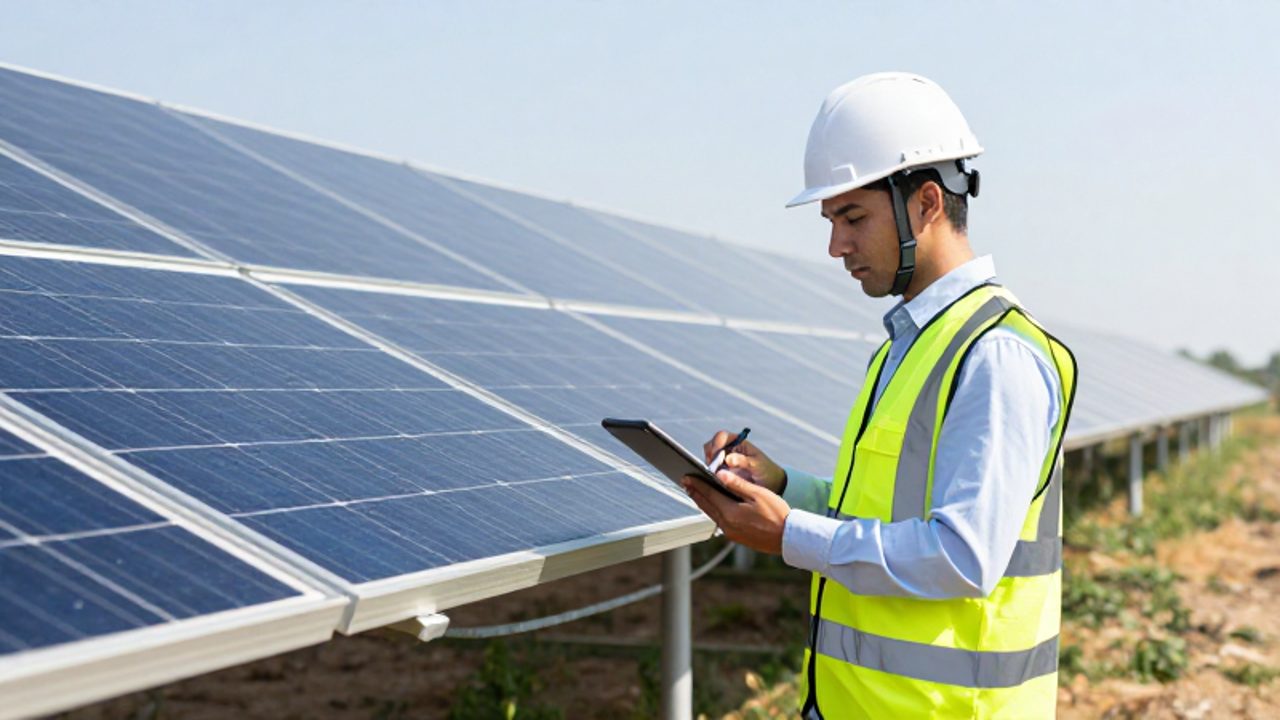 Un auditor con casco y chaleco de seguridad inspecciona paneles solares en un campo fotovoltaico utilizando una tableta digital.