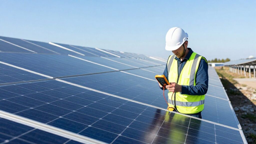 Técnico con casco y chaleco reflectante inspecciona un panel solar con un multímetro digital en un campo fotovoltaico.
