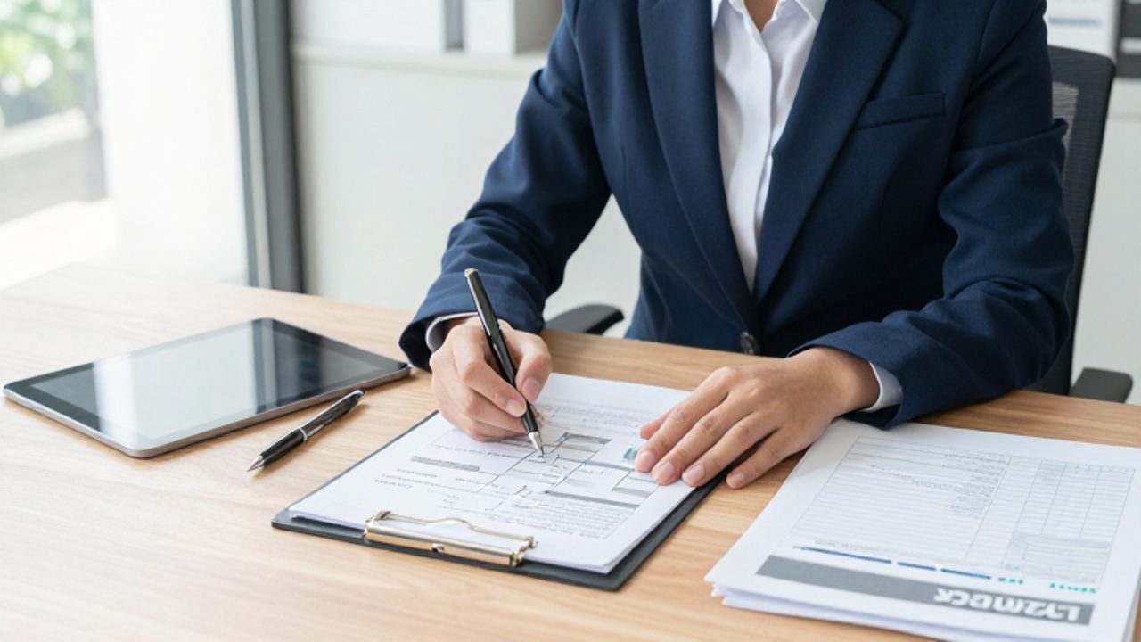 Un gestor de calidad revisa detalladamente un diagrama de procesos y una lista de verificación de cumplimiento ISO en un entorno de oficina profesional.