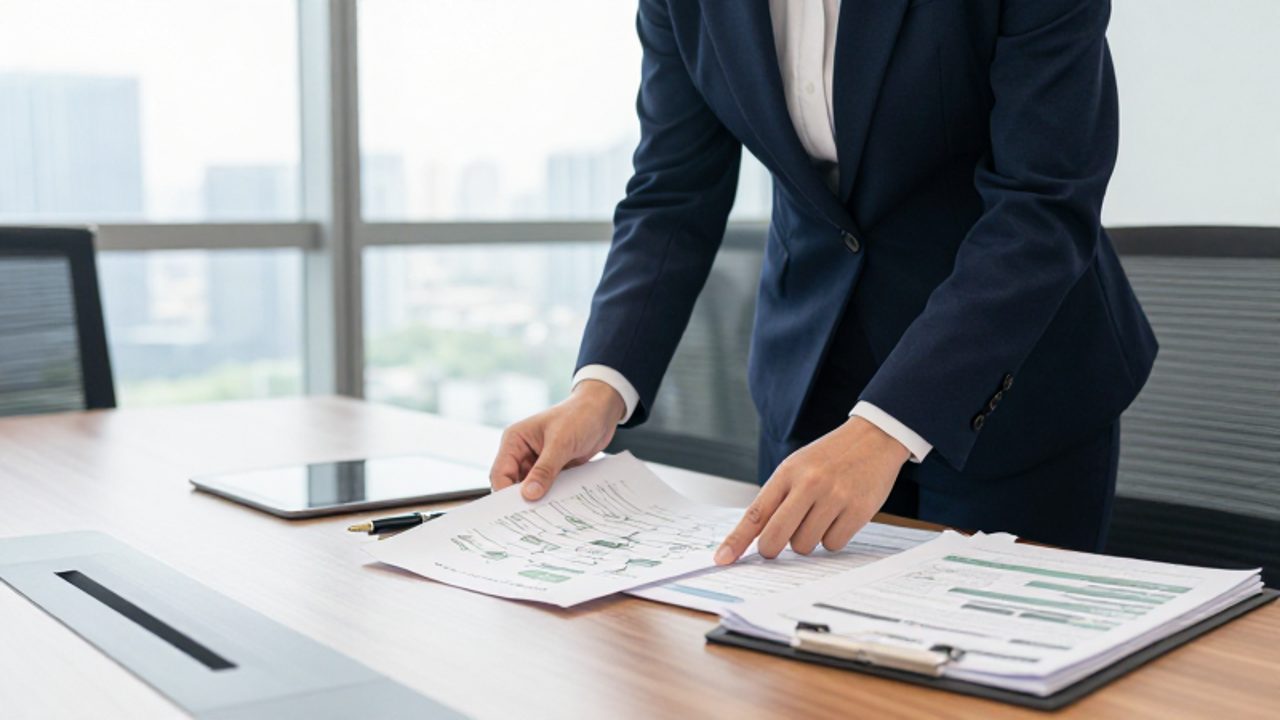 Un gestor de calidad revisa un diagrama de flujo y documentos de cumplimiento en una mesa de reuniones de una oficina corporativa.