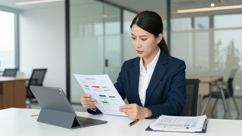 Una gerente de calidad revisa con atención diagramas de flujo y documentación técnica en una oficina moderna y luminosa.