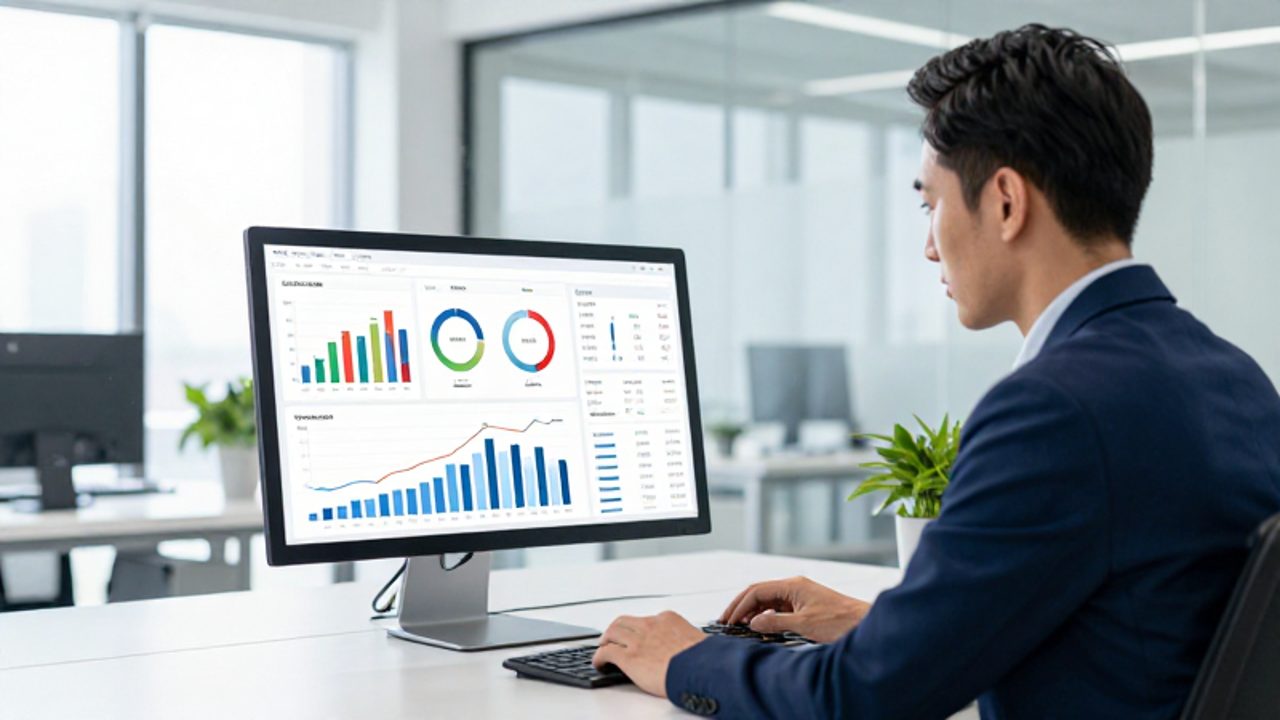 Un gestor de calidad analiza un tablero de control con gráficos de barras, medidores y líneas de tendencia en un monitor de oficina moderna.