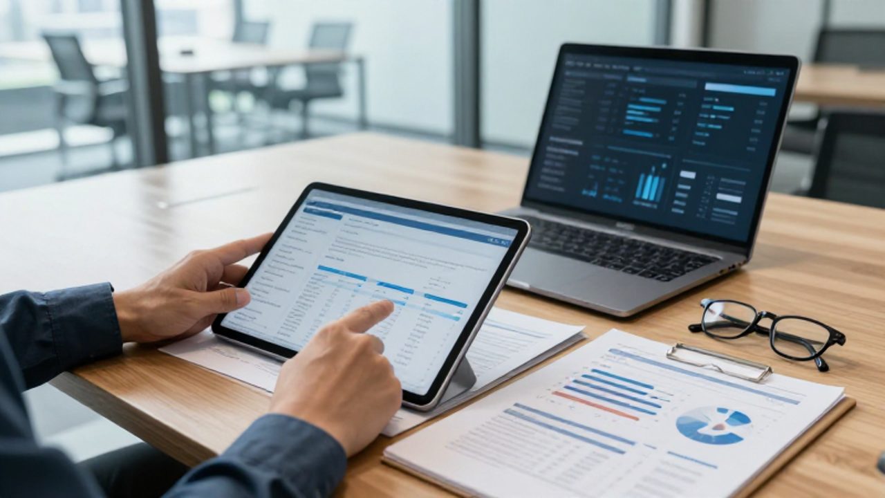 Manos de un profesional revisando datos y reportes técnicos sobre una tableta y documentos impresos en un escritorio de oficina moderno.