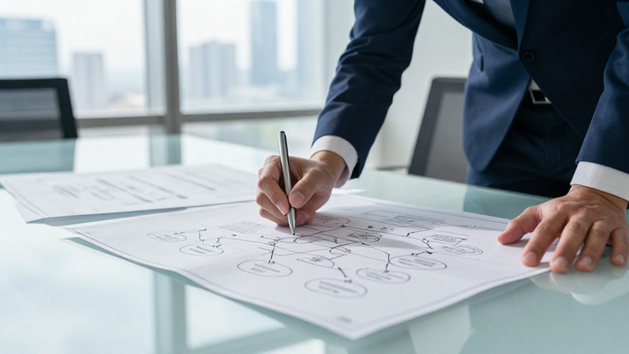 Un gestor de calidad organiza diagramas de flujo y esquemas técnicos sobre una mesa de cristal para representar la integración de sistemas de gestión.