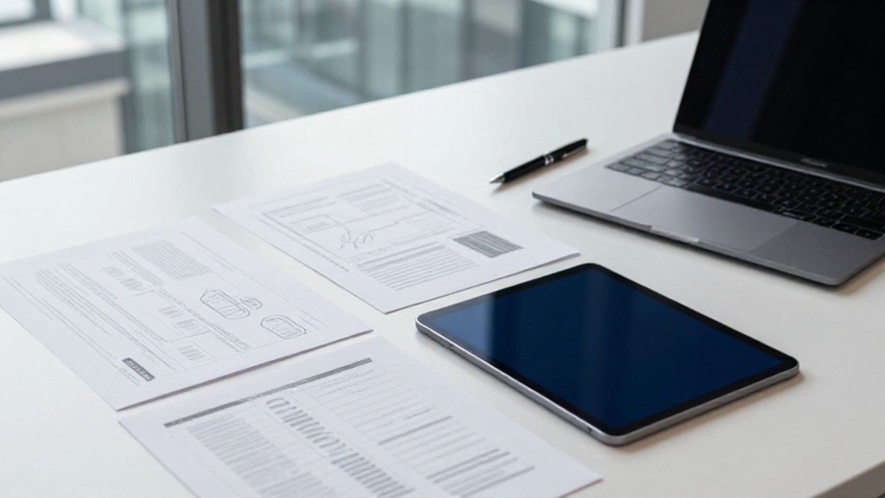 Documentos impresos con diagramas y una tableta digital dispuestos ordenadamente sobre un escritorio de oficina moderno.