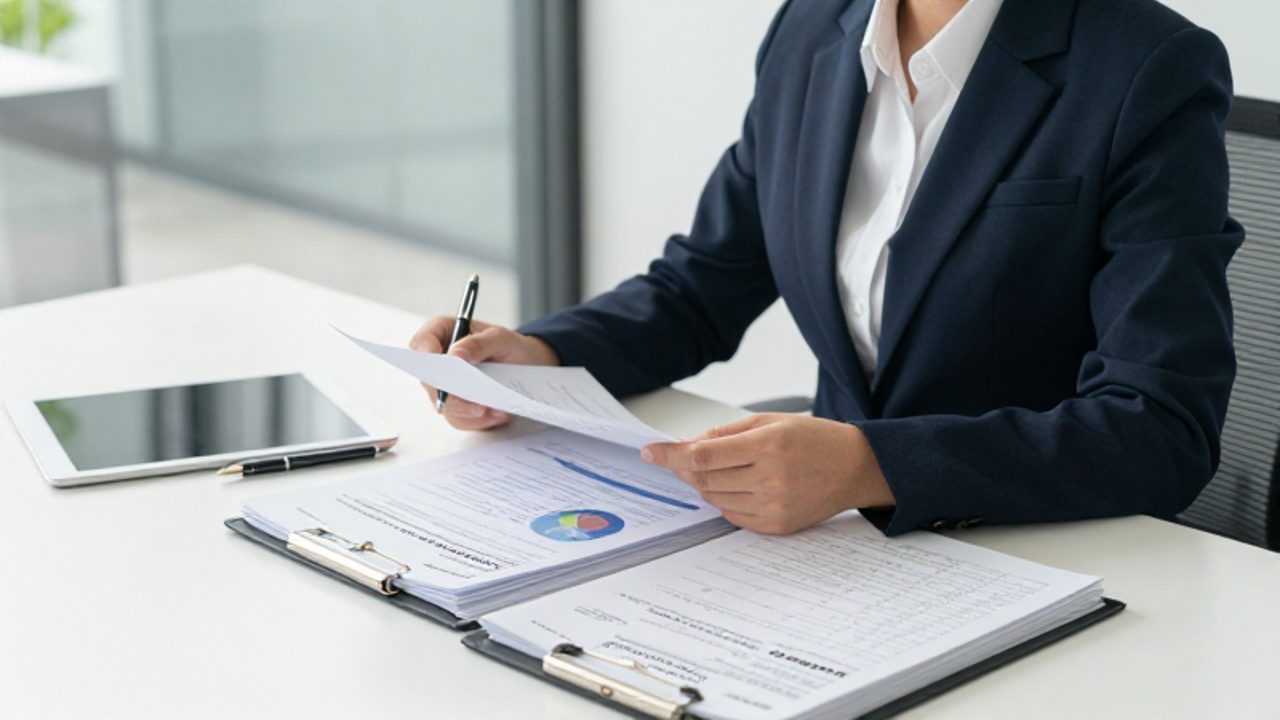 Auditor revisa manuales de calidad y documentos técnicos sobre un escritorio en una oficina moderna.