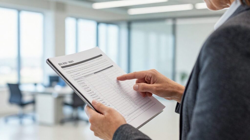 Auditor profesional revisando listas de verificación en papel y una tableta digital en una oficina moderna.