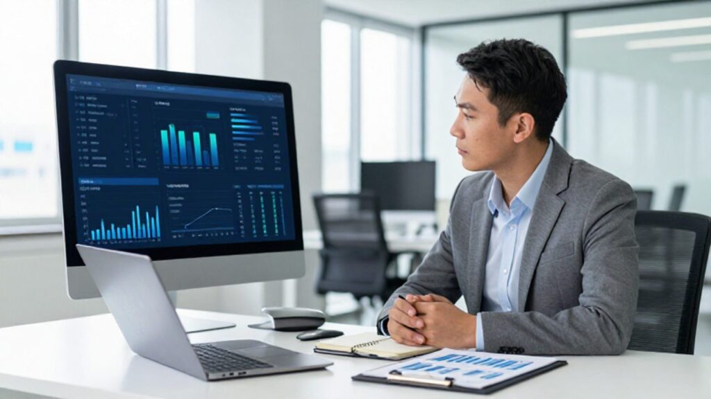 Gestor de calidad analiza gráficos y datos de mercado en un monitor dentro de una oficina moderna.