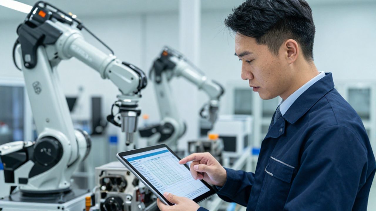 Un gestor de calidad analiza datos de evaluación de riesgos en una tableta frente a una línea de producción robótica en una planta automotriz.
