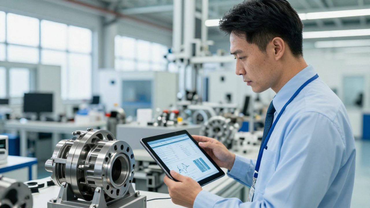 Un gestor de compras revisa una pieza metálica de precisión y datos técnicos en una tableta dentro de una planta de fabricación automotriz.