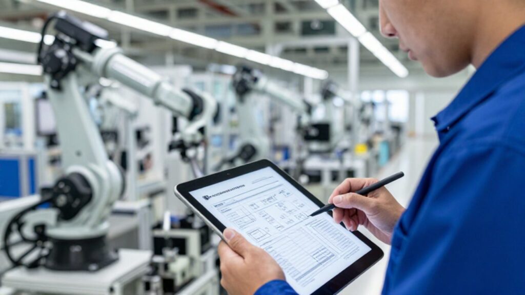Un ingeniero de calidad analiza esquemas y documentos de control en una tableta digital dentro de una planta de fabricación automotriz.