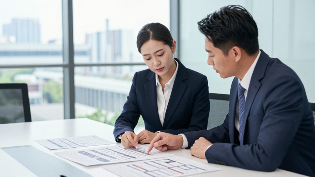 Dos profesionales revisan diagramas de procesos y documentos técnicos durante una sesión de formación en una oficina moderna.