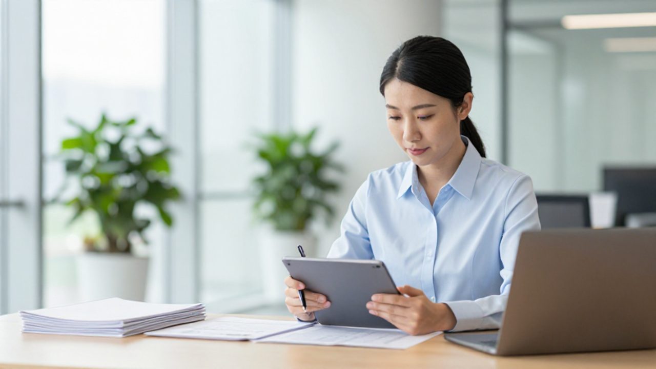 Auditora profesional revisa documentación y una tableta digital concentrada en una oficina luminosa y moderna.