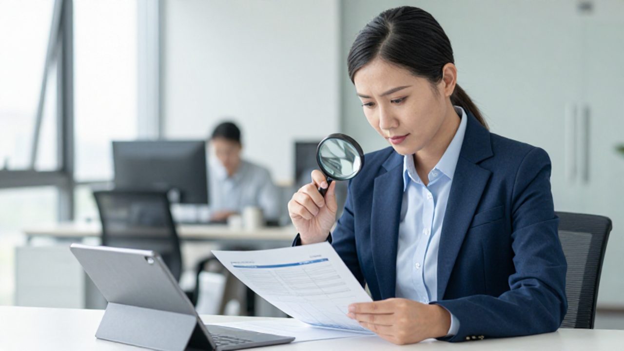 Un gestor de calidad revisa documentos técnicos y listas de cumplimiento en una oficina moderna durante una evaluación de diagnóstico.