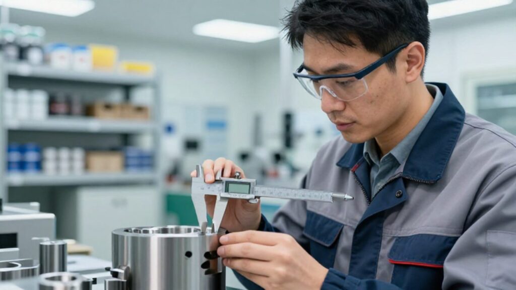 Inspector de control de calidad utiliza un calibrador digital para medir una pieza metálica en una planta industrial.
