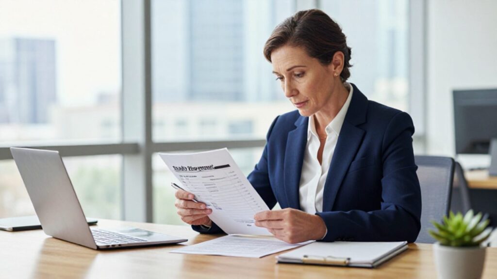Una ejecutiva revisa con atención un manual de gestión de calidad y una lista de verificación en una oficina moderna y luminosa.