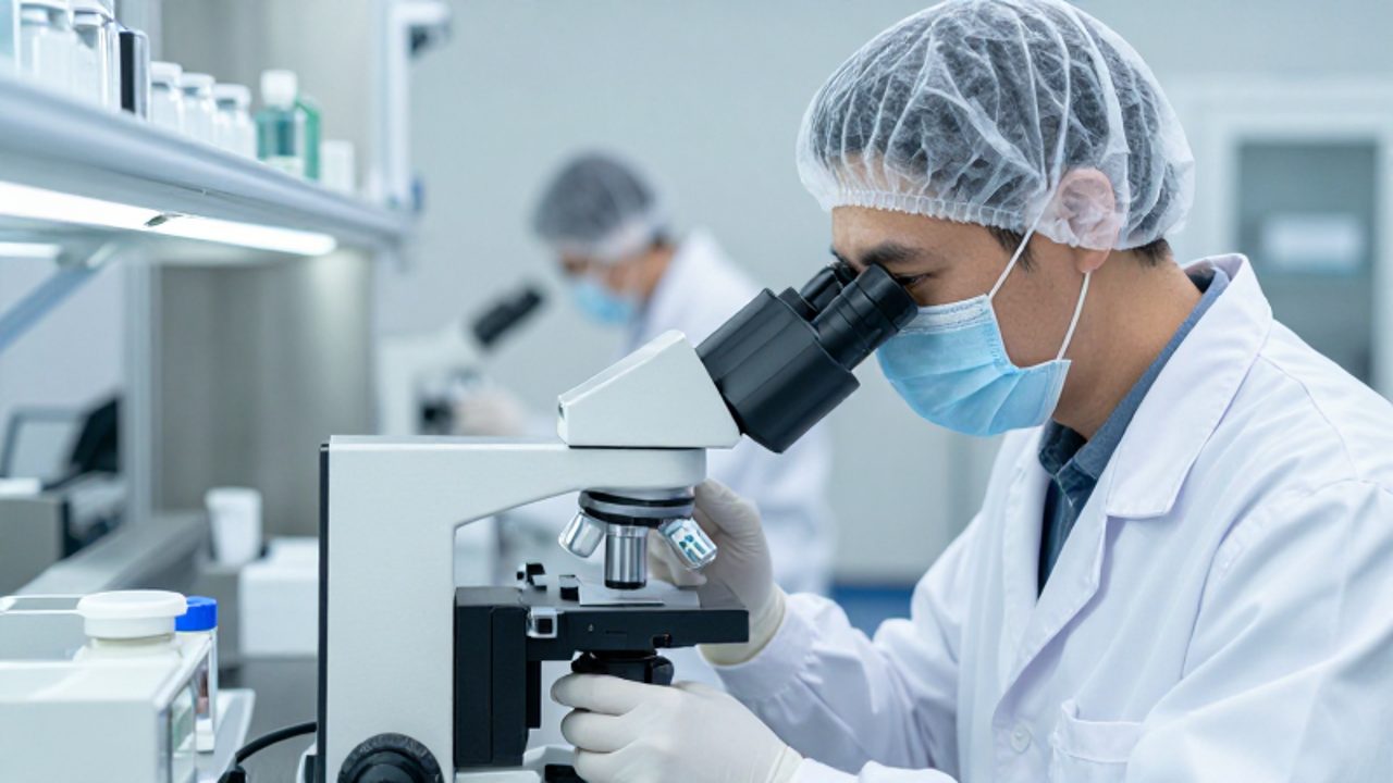 Especialista en control de calidad inspecciona viales farmacéuticos con un microscopio en un laboratorio estéril.