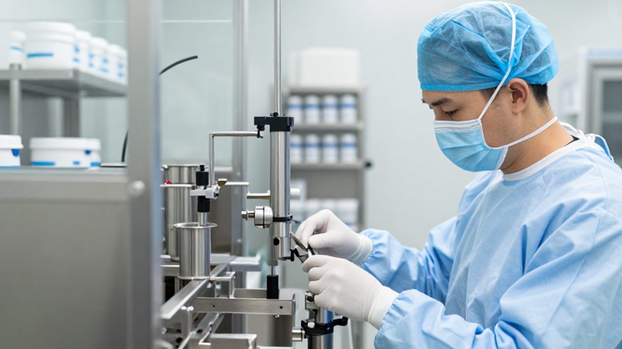 Un técnico con equipo de protección realiza la inspección de una línea de producción de acero inoxidable en una sala blanca farmacéutica de alta higiene.