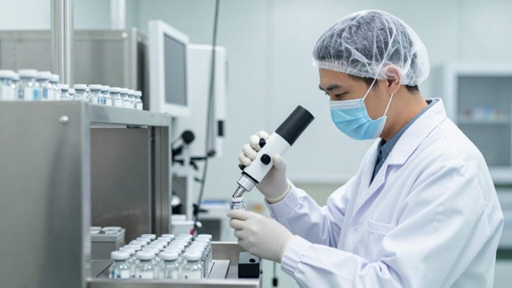 Especialista en control de calidad inspecciona viales de vidrio en una línea de producción farmacéutica estéril.