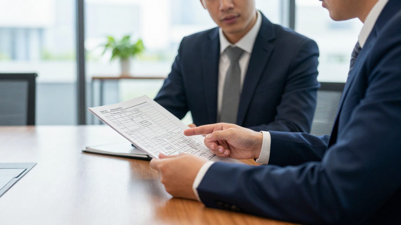 Una consultora de gestión de calidad revisa un diagrama de procesos y una lista de verificación ISO 9001 durante una reunión con un gerente de planta en una oficina moderna.