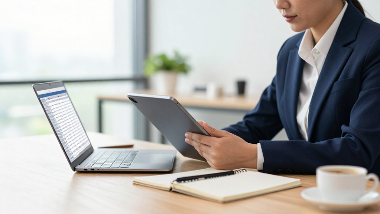 Un responsable de calidad analiza datos de auditoría en un ordenador portátil y una tablet en una oficina moderna.