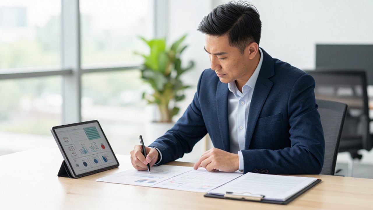 Un gestor de proyectos revisa documentos y gráficos de datos en una tableta sobre un escritorio en una oficina moderna.