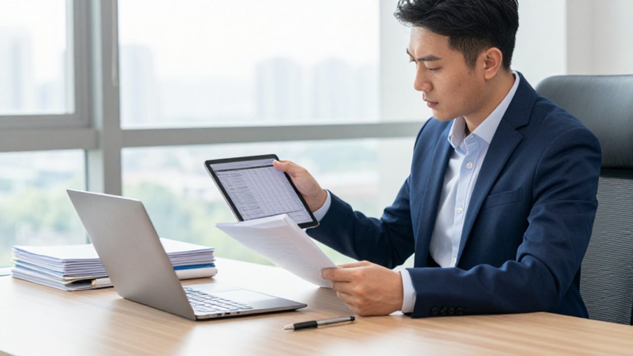 Un gestor de calidad revisa carpetas físicas y una base de datos digital en un escritorio de oficina ordenado.