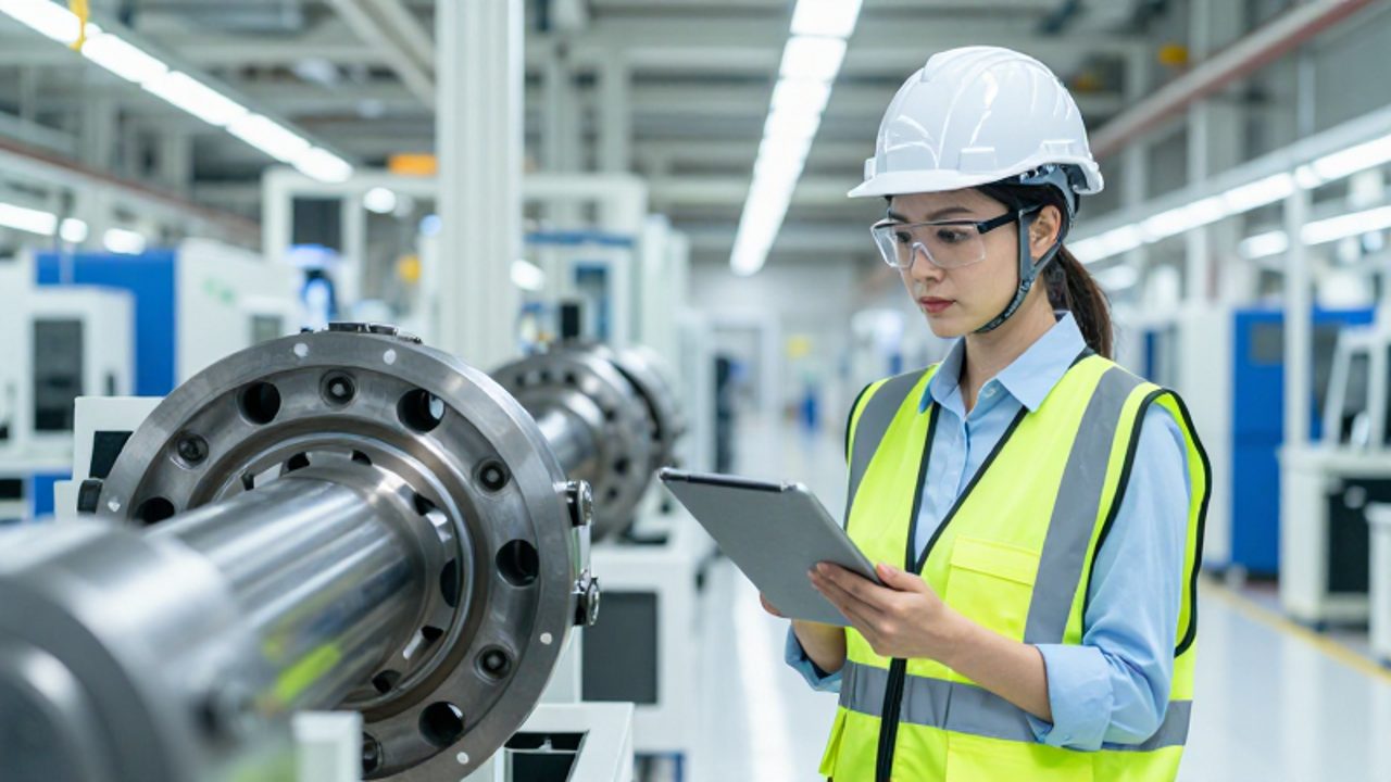 Una gerente de control de calidad inspecciona con una tableta digital un eje de semirremolque en una planta de fabricación moderna y organizada.
