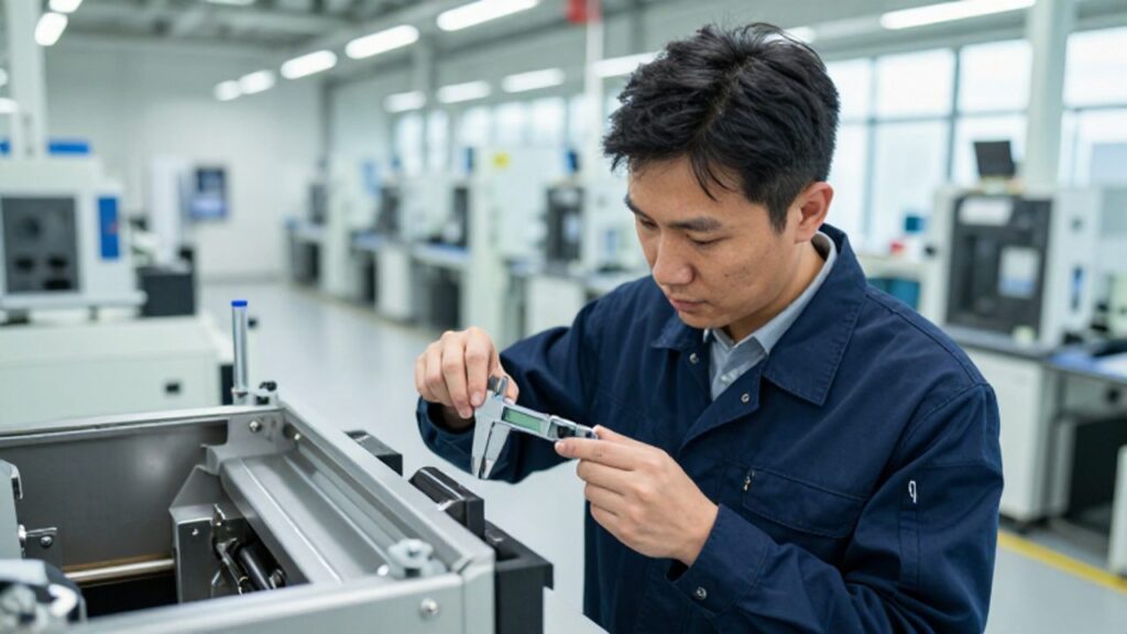 Inspector de control de calidad mide con un calibrador digital un componente de semirremolque en una planta de fabricación moderna.