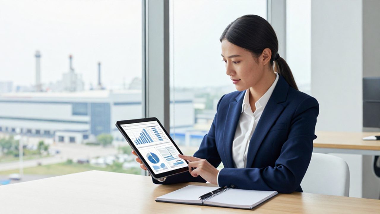Gestora de calidad revisa gráficos de datos en una tableta dentro de una oficina moderna con vistas a una planta industrial.