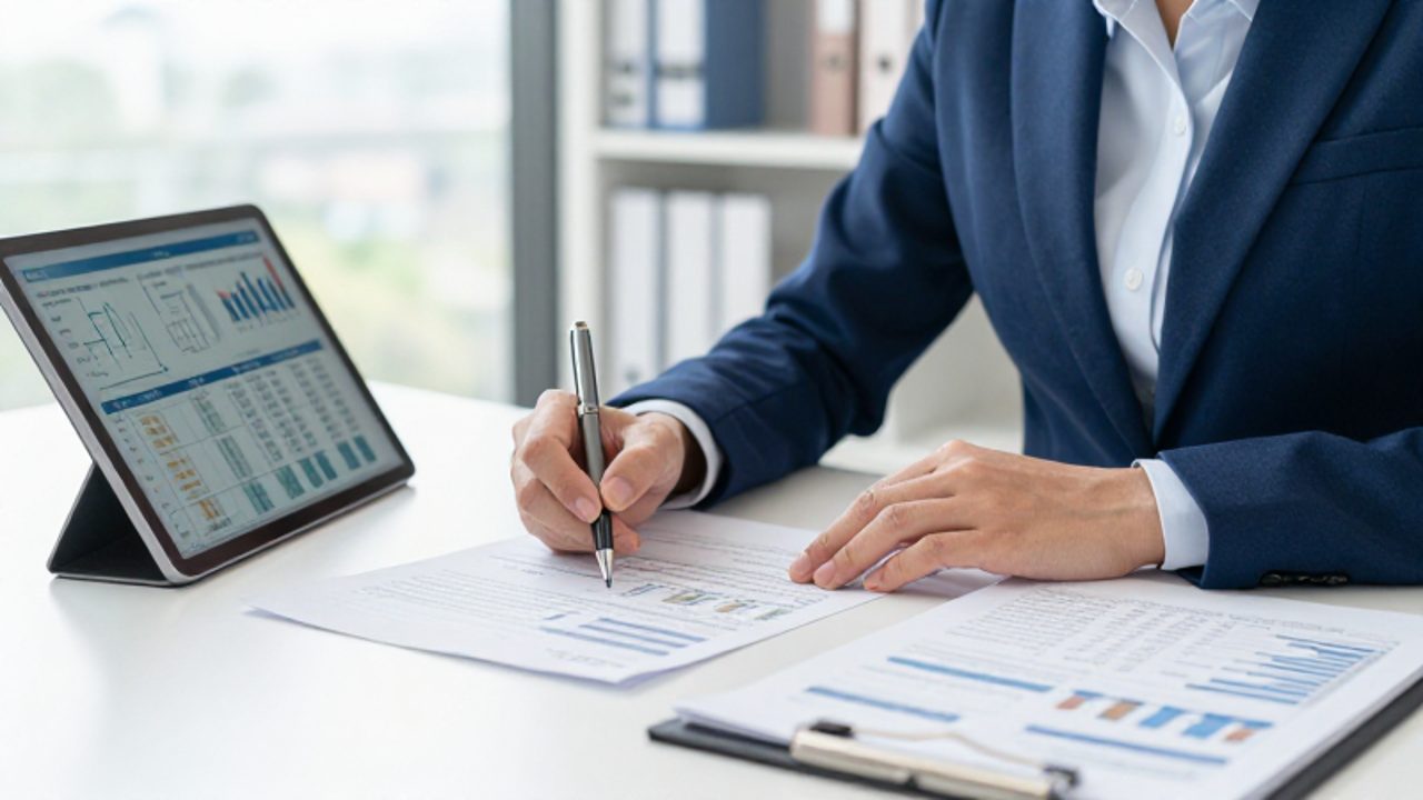Un gestor de calidad revisa documentos impresos y gráficos en una tablet sobre un escritorio organizado en una oficina moderna.