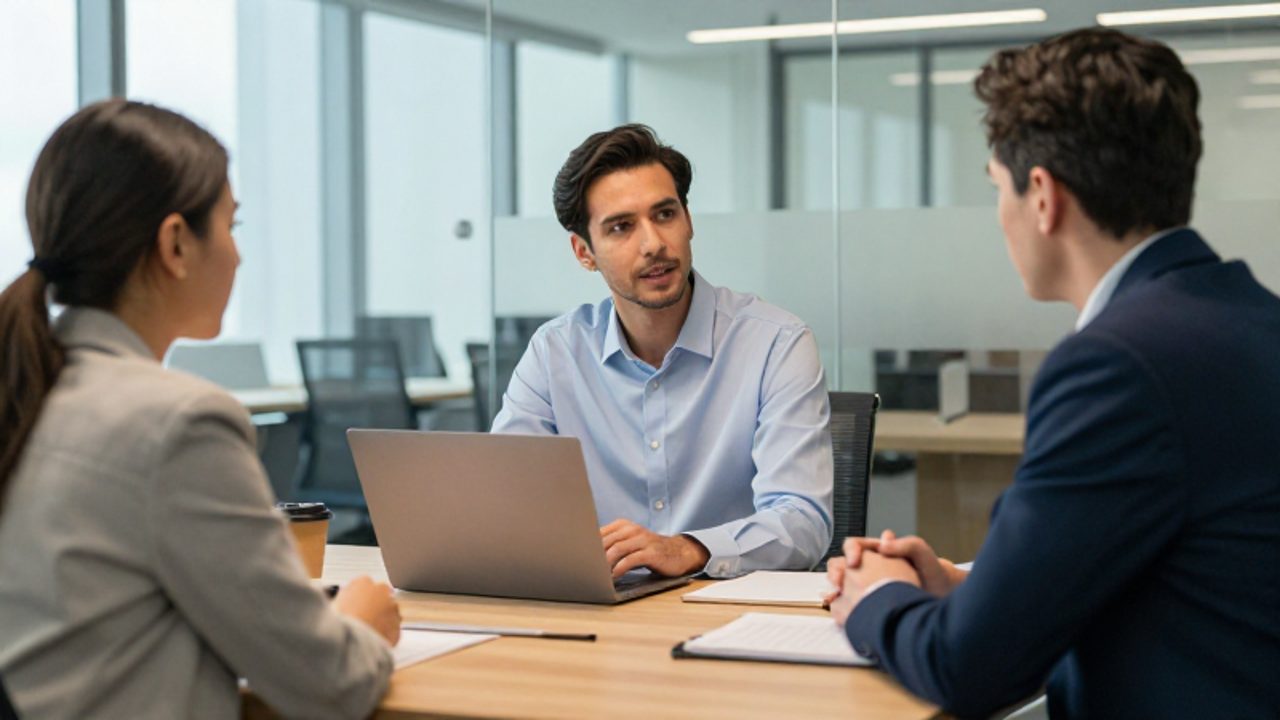 Un gestor de proyectos mantiene una reunión colaborativa con un cliente y un especialista técnico en una oficina moderna.