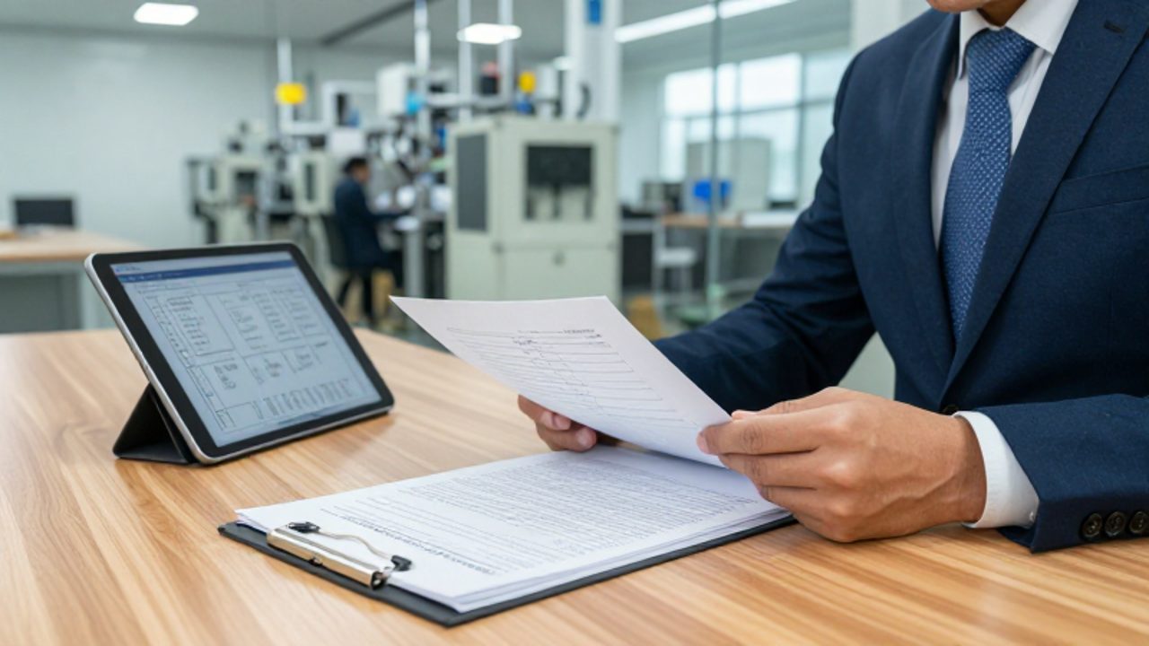 Gestor de calidad revisa documentos técnicos y listas de cumplimiento en un escritorio, con una planta de manufactura visible al fondo.