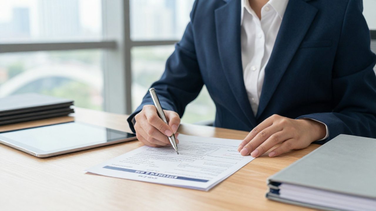 Un gestor de calidad revisa un diagrama de flujo y documentos de certificación sobre un escritorio en una oficina moderna.