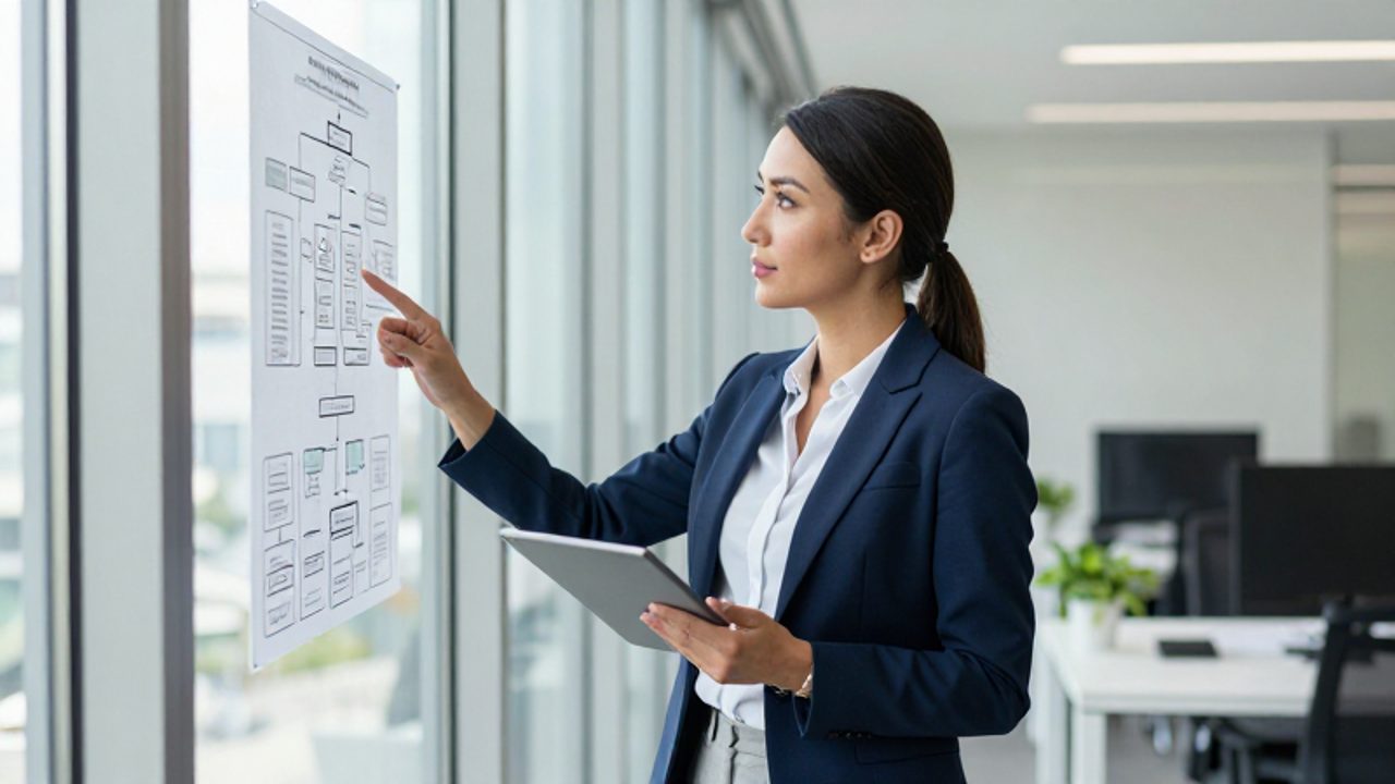 Una gerente de calidad revisa un diagrama de flujo en una tablet frente a un esquema de procesos organizacionales en una oficina moderna.