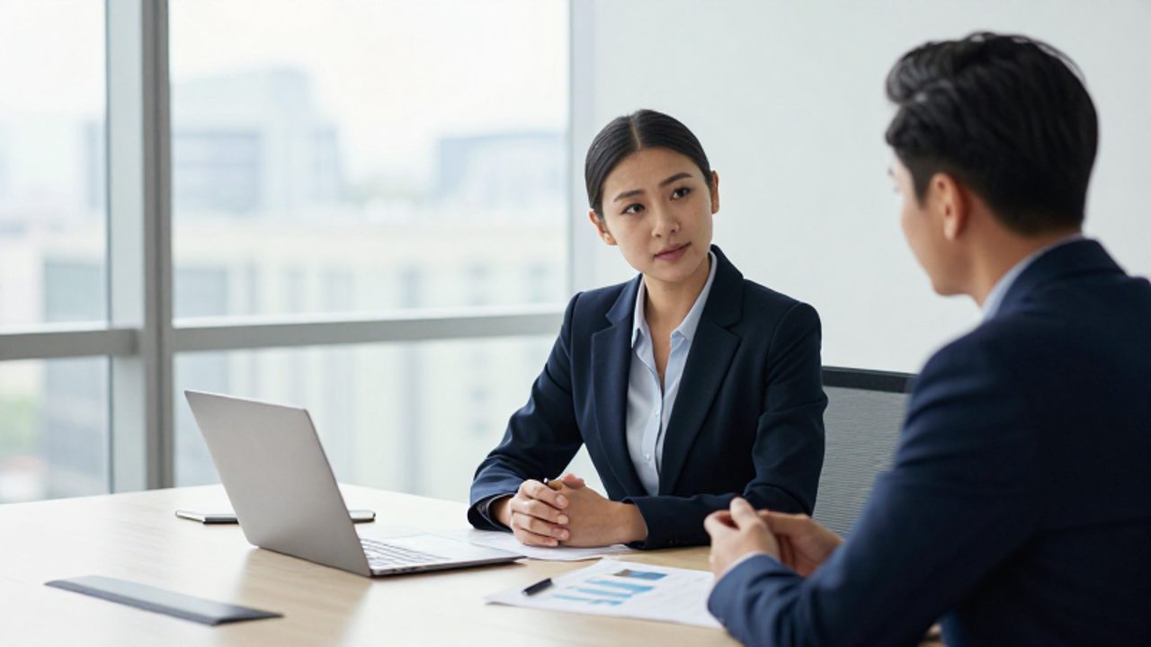Una auditora mantiene una conversación profesional con un colega en una oficina moderna mientras revisan informes técnicos en una mesa de reuniones.