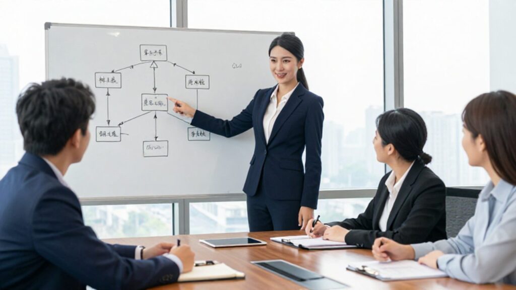 Un gestor de calidad lidera una reunión estratégica con su equipo frente a un diagrama de flujo en una oficina moderna.