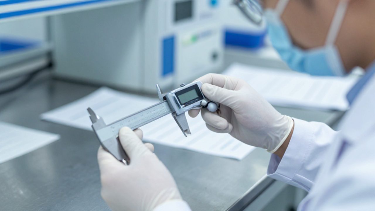Un técnico con guantes inspecciona un micrómetro digital y un calibrador electrónico en un laboratorio de control de calidad.