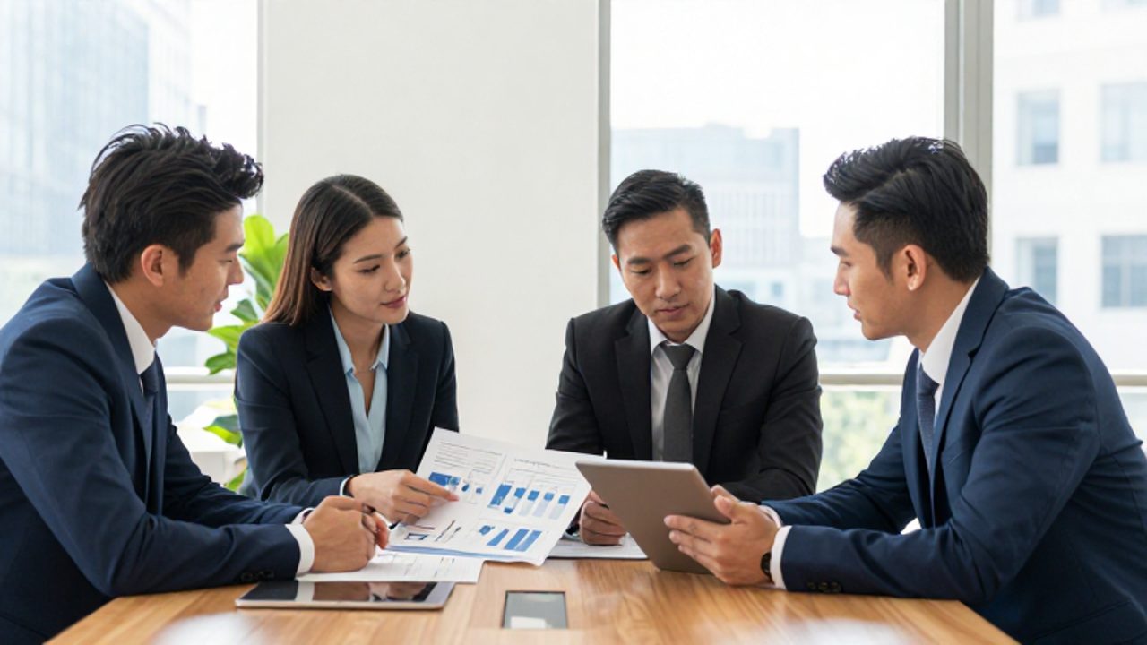 Equipo de ejecutivos colaborando en una oficina moderna mientras analizan un informe técnico y una tableta.