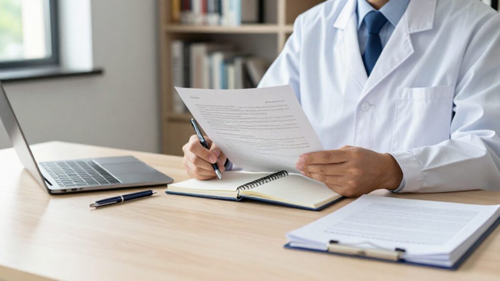 Investigador revisa con atención un documento técnico y toma notas en un escritorio organizado en un entorno de estudio tranquilo.